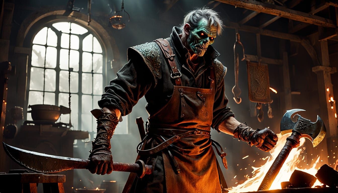 Saxon Blacksmith Forges Damascus Steel Battle Axe in Steampu...