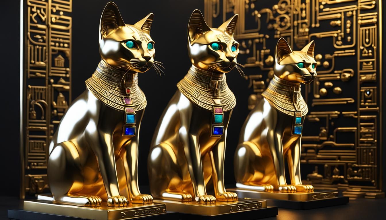 Photorealistic Cybernetic Egyptian Cat Statues