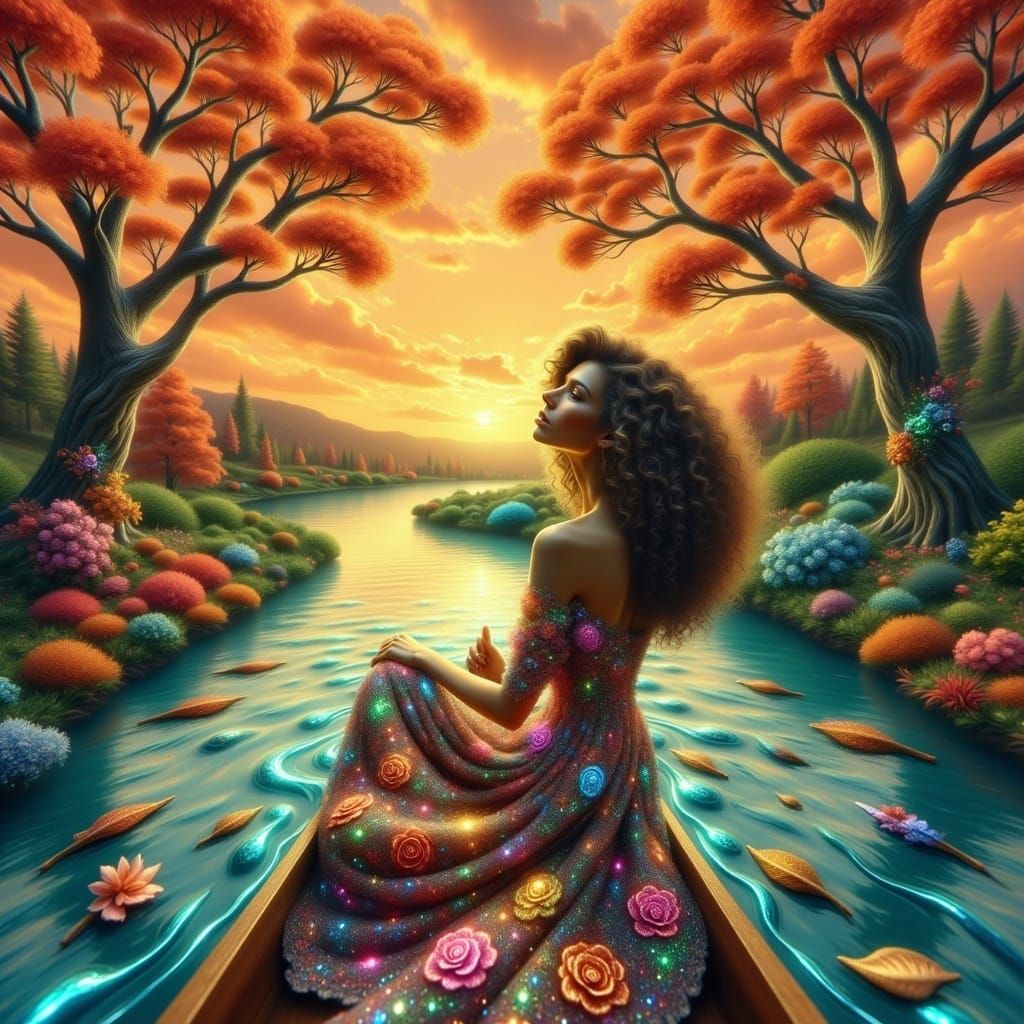 Surreal Dreamscape of a Drifting Boat in a Vibrant, Marmalad...