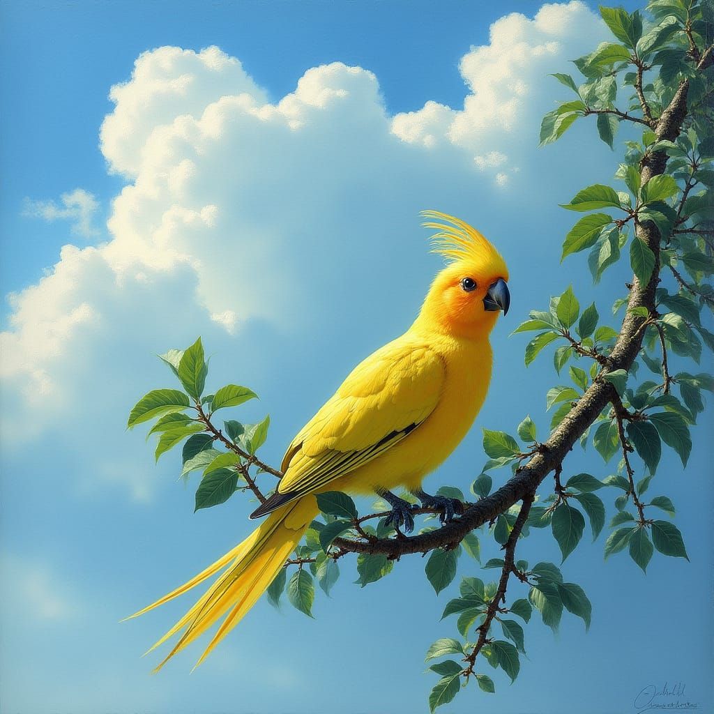 Yellow Bird on Branch in Impressionistic Style