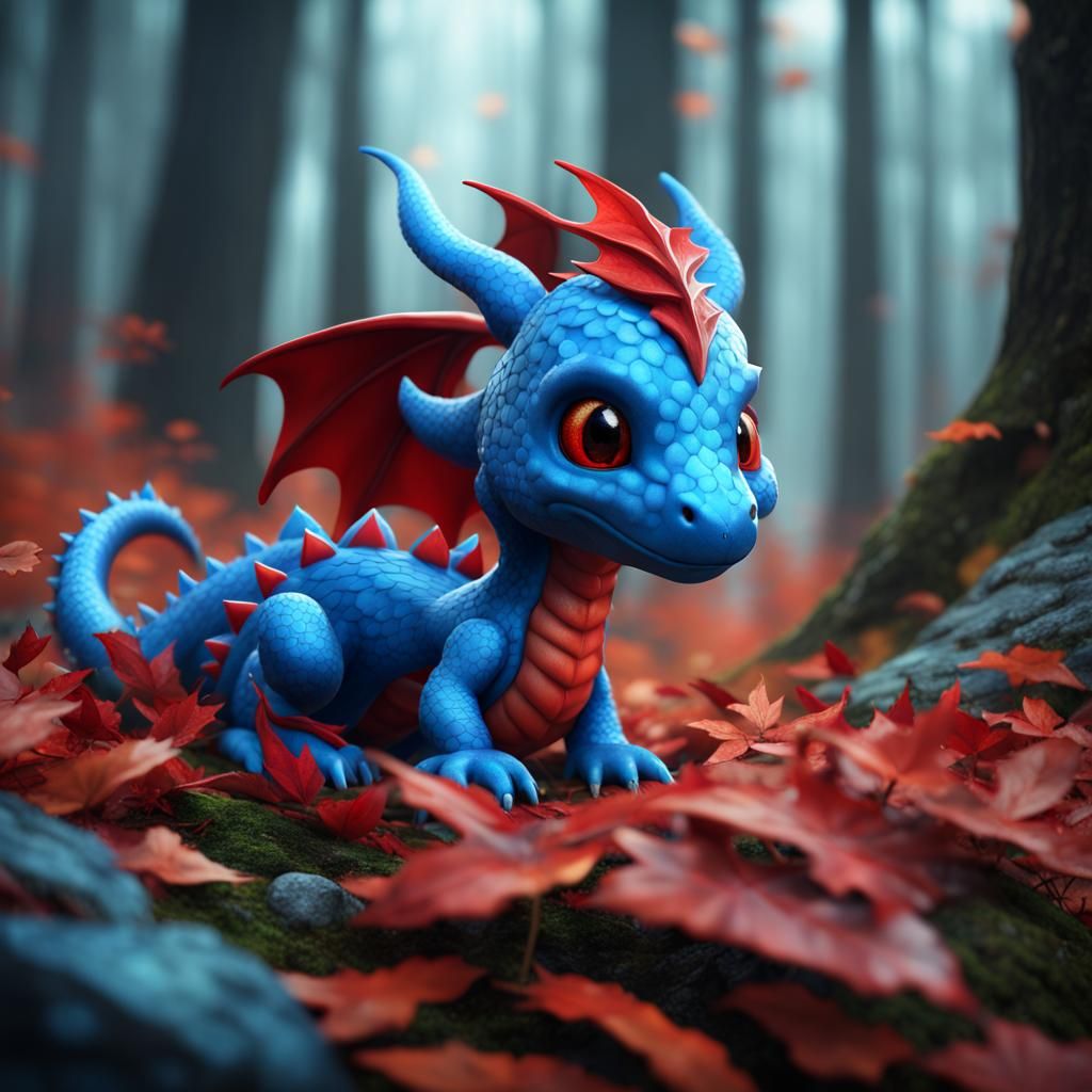 Cute Blue Dragon in Red-Leaf Forest: Fantasy Concept Art