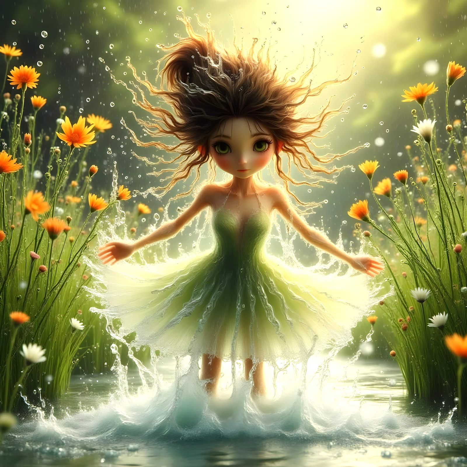 Lush Garden Scene with Girl Getting Wet in Whipped Lake Wate...