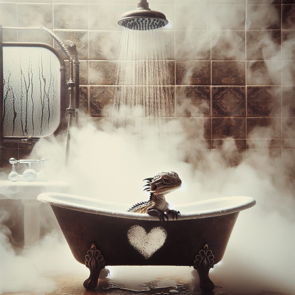 Dragon Hatchling's First Shower in Misty Bathroom