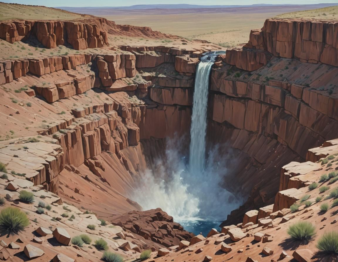 Meteor Crater Waterfall Oil Painting
