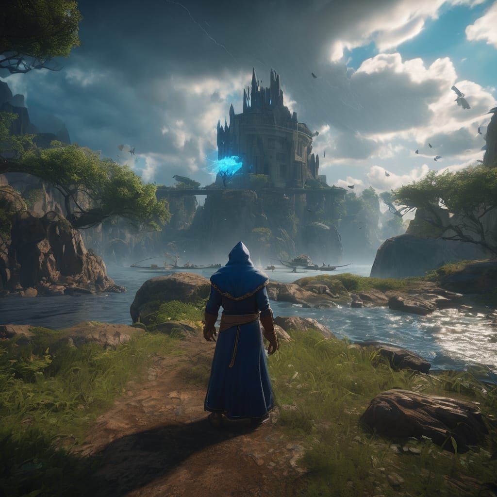 Wizard Conjures Storm with Lightning in Fantasy Landscape