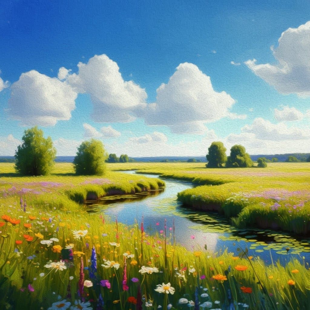 Impressionistic River Meadow with Black Outline