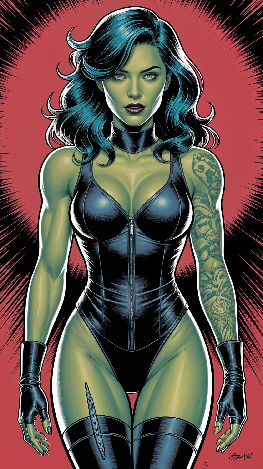 Gothic Red She Hulk in Cyberpunk Comic Book Style