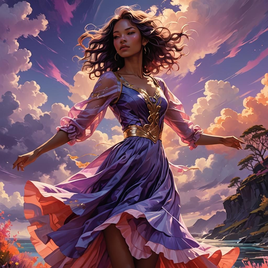 Fantasy Girl Dancing in a Colorful Landscape