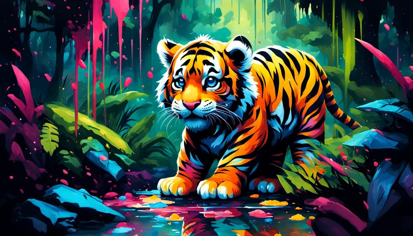 cute little tiger in a jungle graffiti art, splash art, street art, spray paint, oil gouache melting, acrylic, high cont...