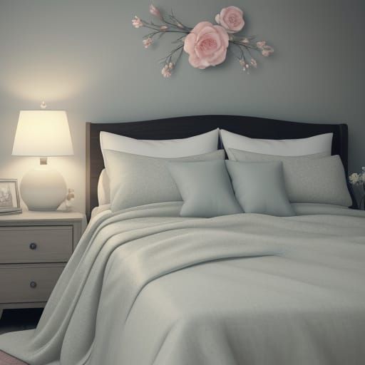 Photorealistic Bedroom Art with Glowing Lamp and Pastel Deco...