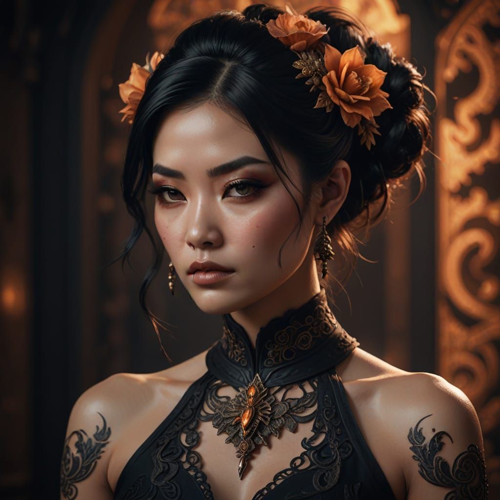 Elegant Asian Woman with Intricate Updo and Tattoos in Moody...
