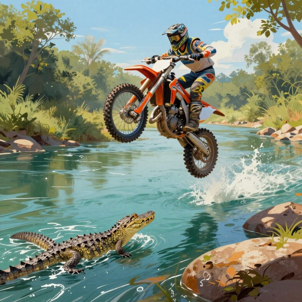 Motocross Rider Jumps River With Crocodiles, Digital Paintin...