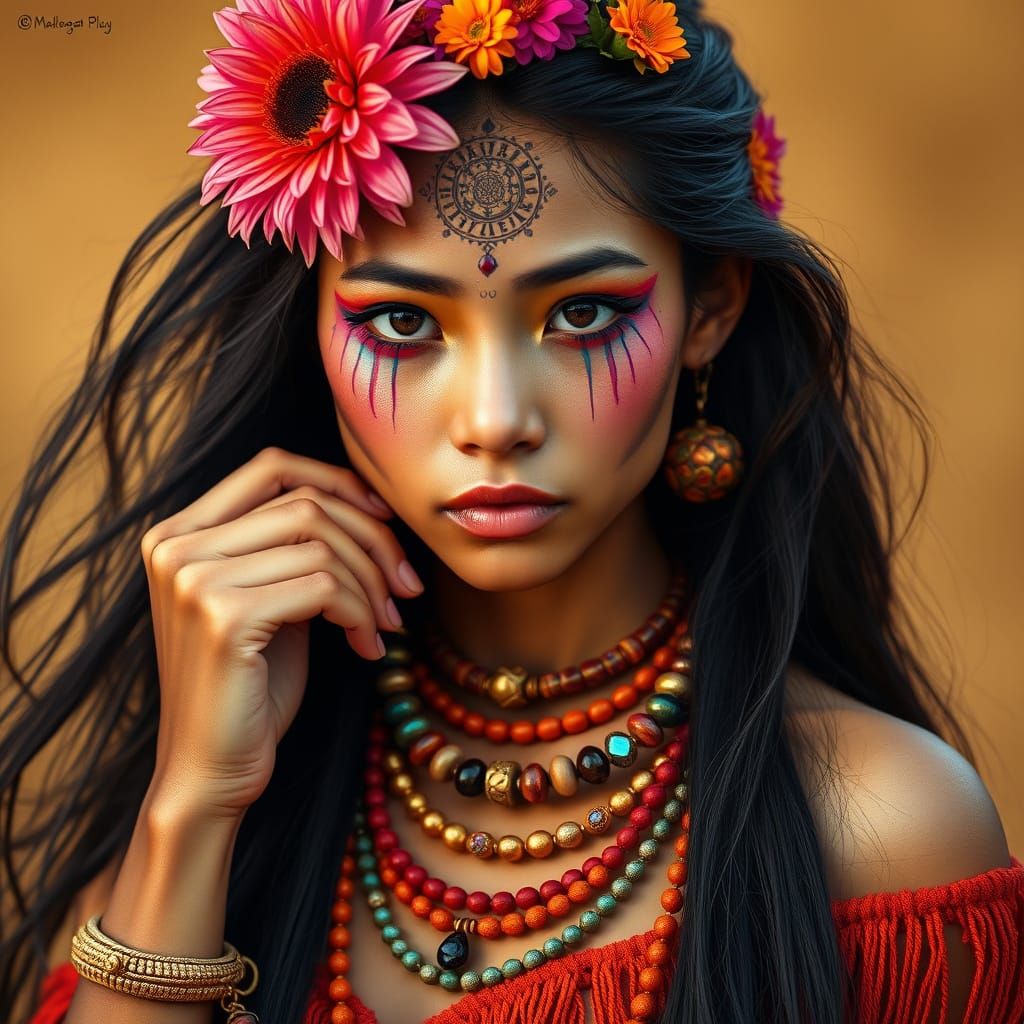 Laotian Woman with Floral Crown in Bohemian Style