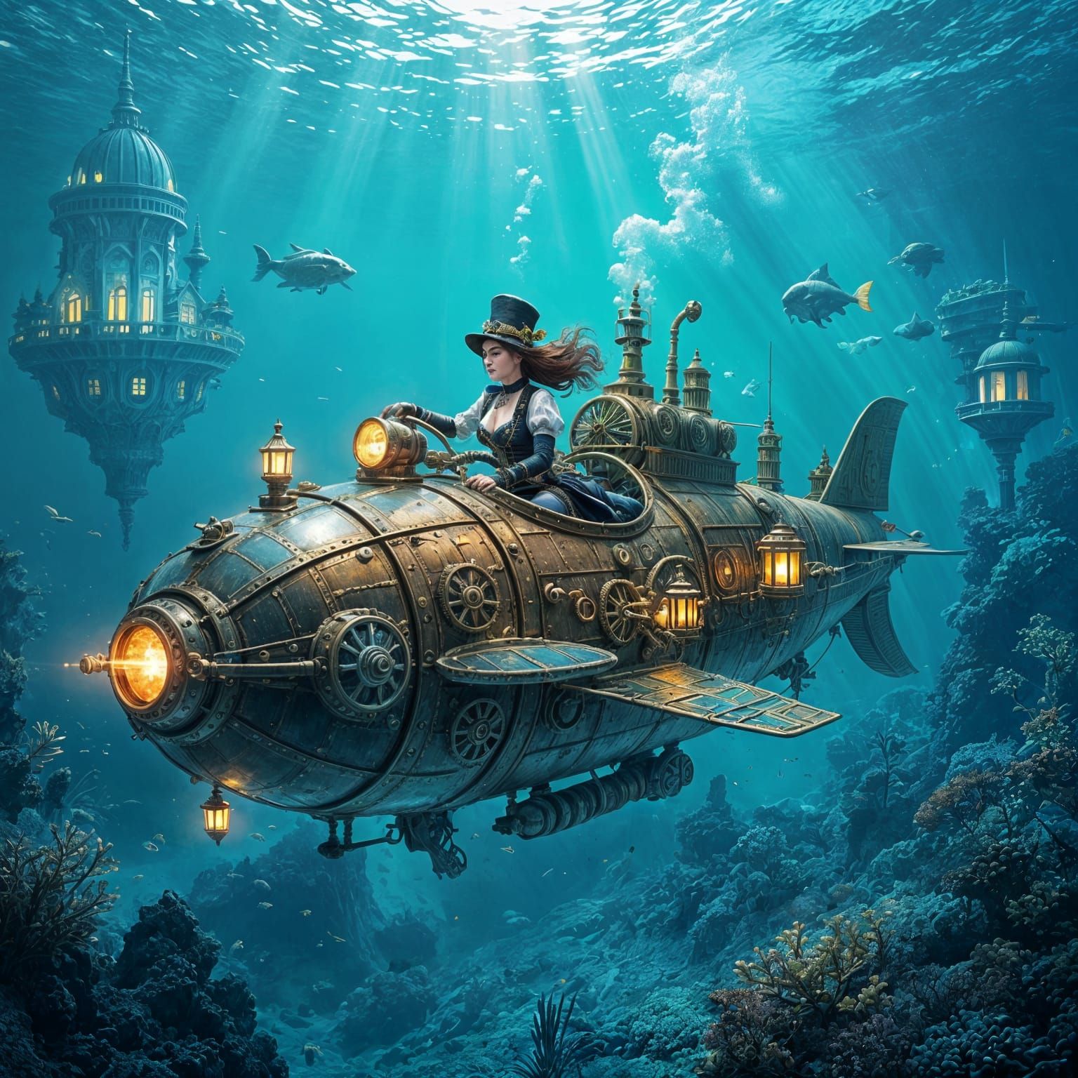 Steampunk Submarine in Underwater Crystal City