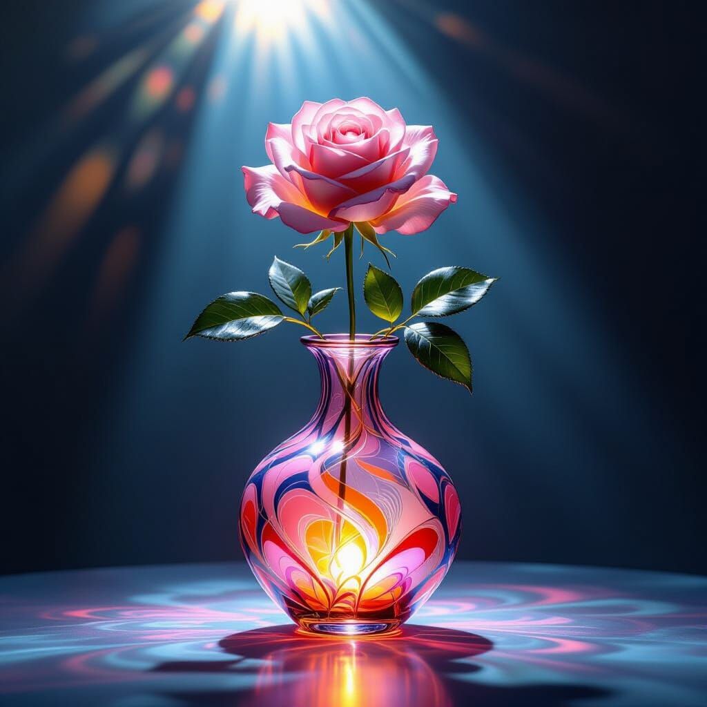 Rose in Glowing Glass Vase, Art Nouveau Style