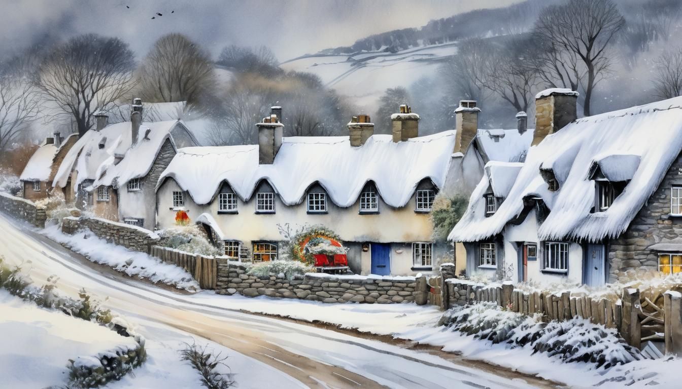 Christmas in Old Irish Countryside: Watercolor Scene