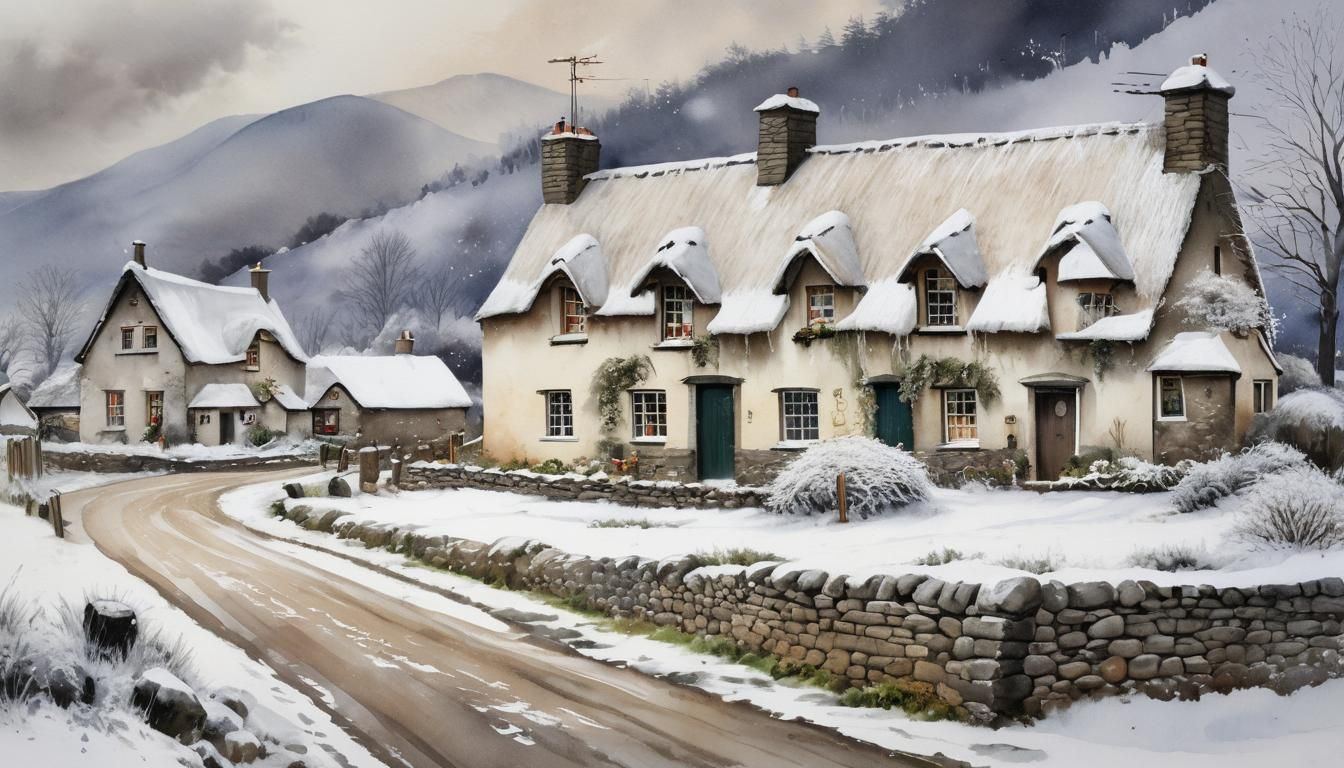 Christmas in Old Irish Countryside: Watercolor Scene