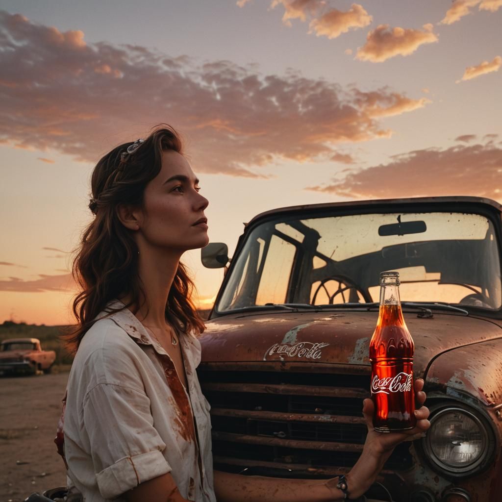 Woman with Coca Cola at Sunset, Cinematic Film Still