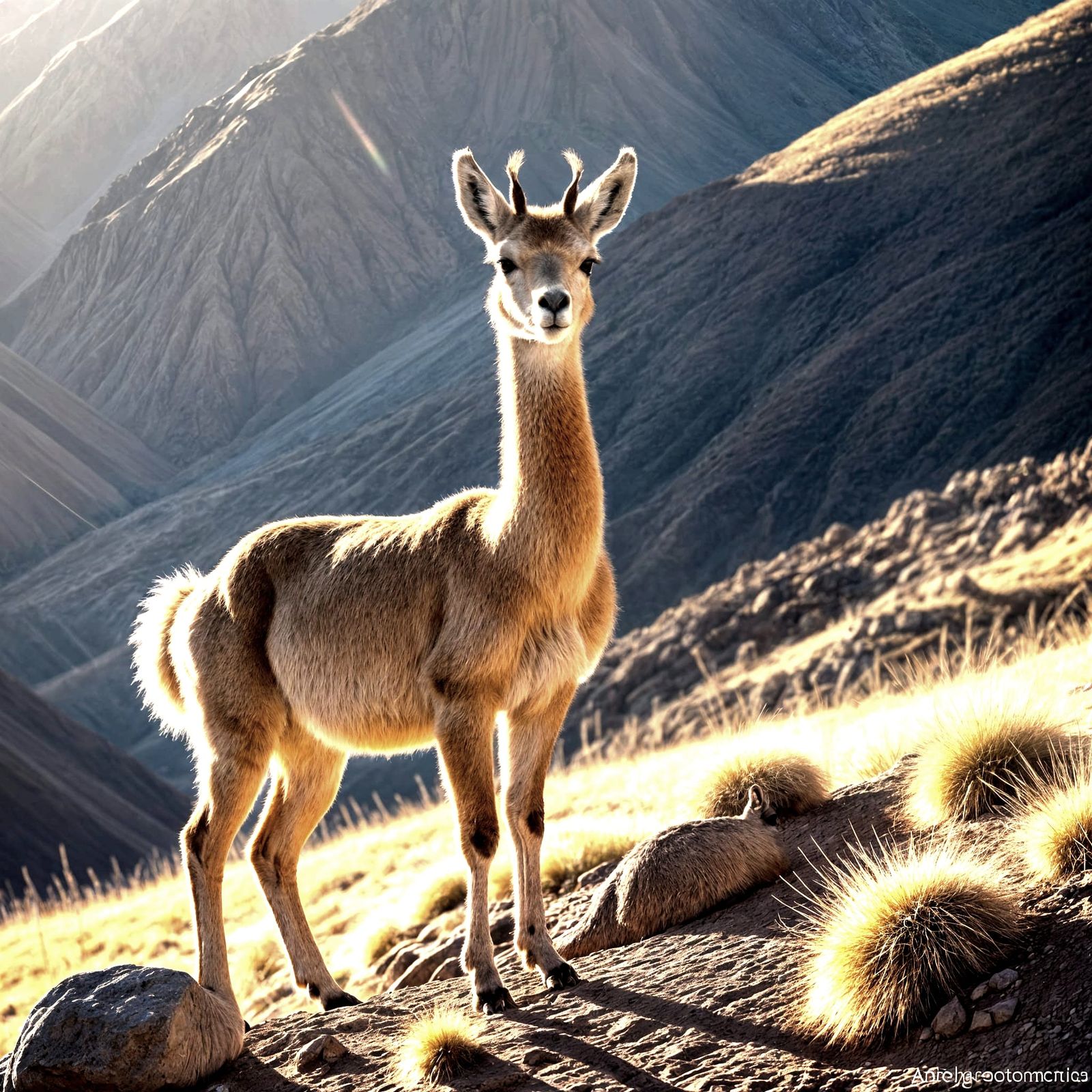 Vicuña Amidst Andean Foothills in Morning Light
