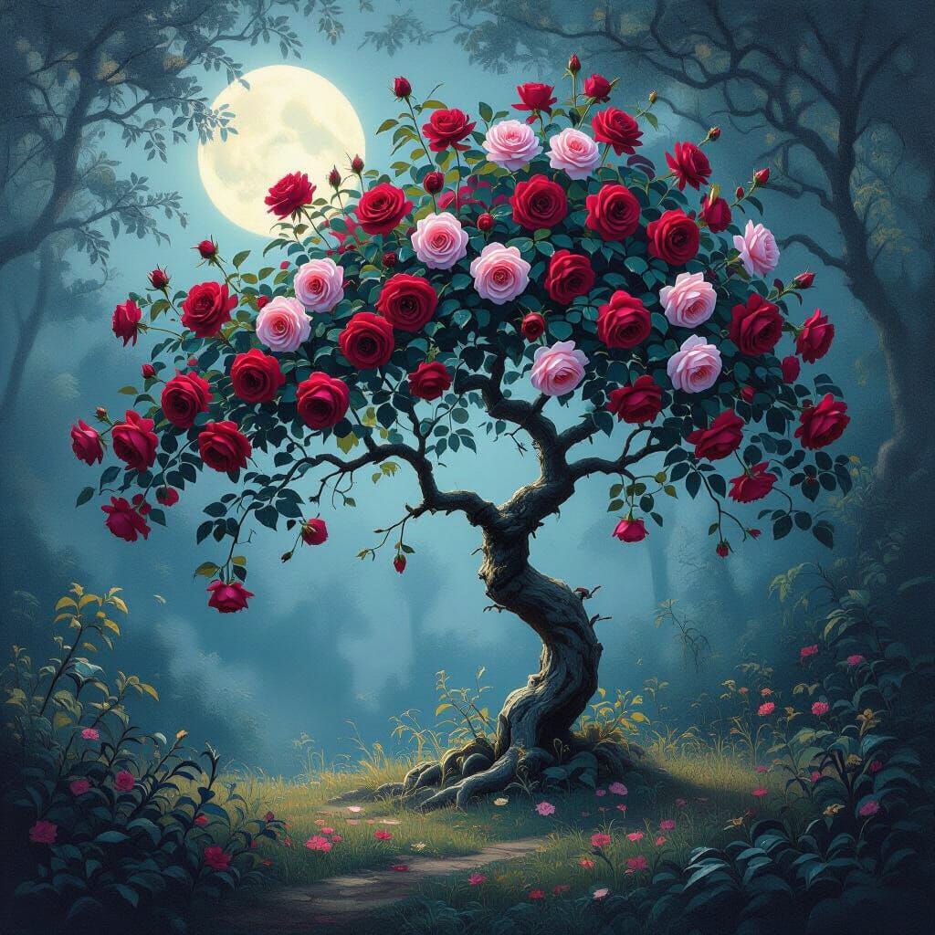 Ancient Rose Tree in Moonlit Mystical Forest
