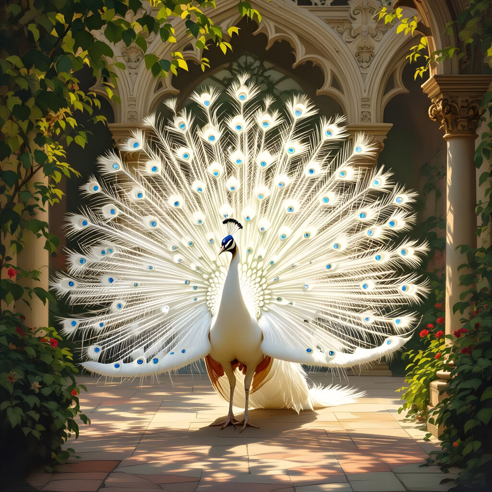 Elegant White Peacock in Tudor Courtyard
