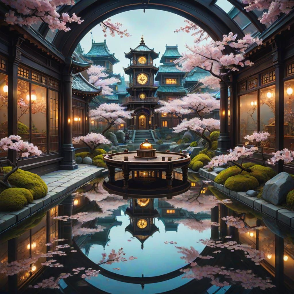 Kaleidoscopic Zen Garden Steampunk Cityscape Oil Painting
