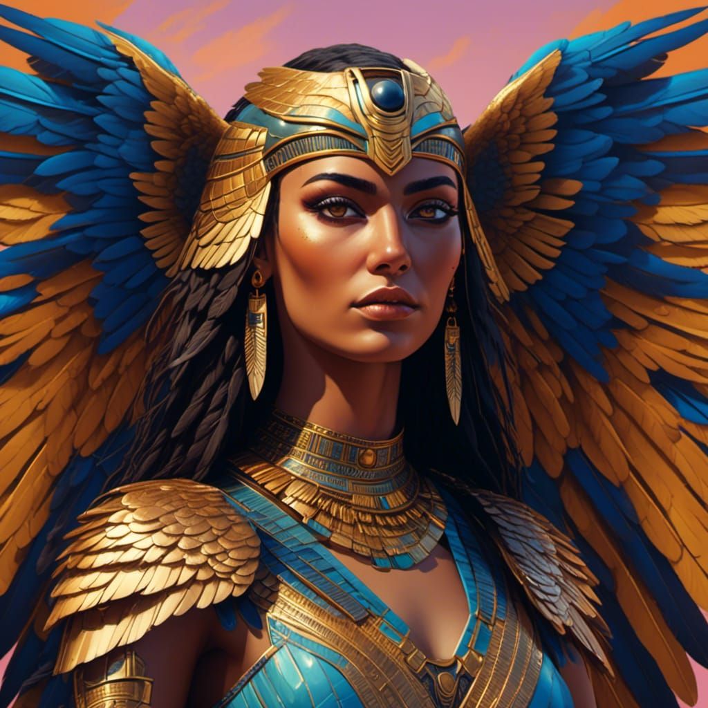 a hyperrealistic portrait of the goddess Isis, she was the wings of a kestrel, stunning details and design <lora:Egyptia...