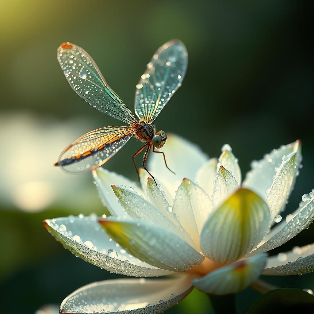 Dewdrop Dragonfly on Crystalline Water Lily