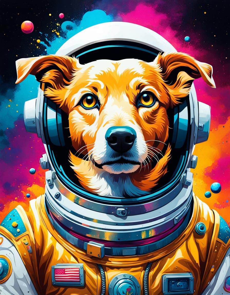 Golden Retriever Dog in Space Suit, Graffiti Art