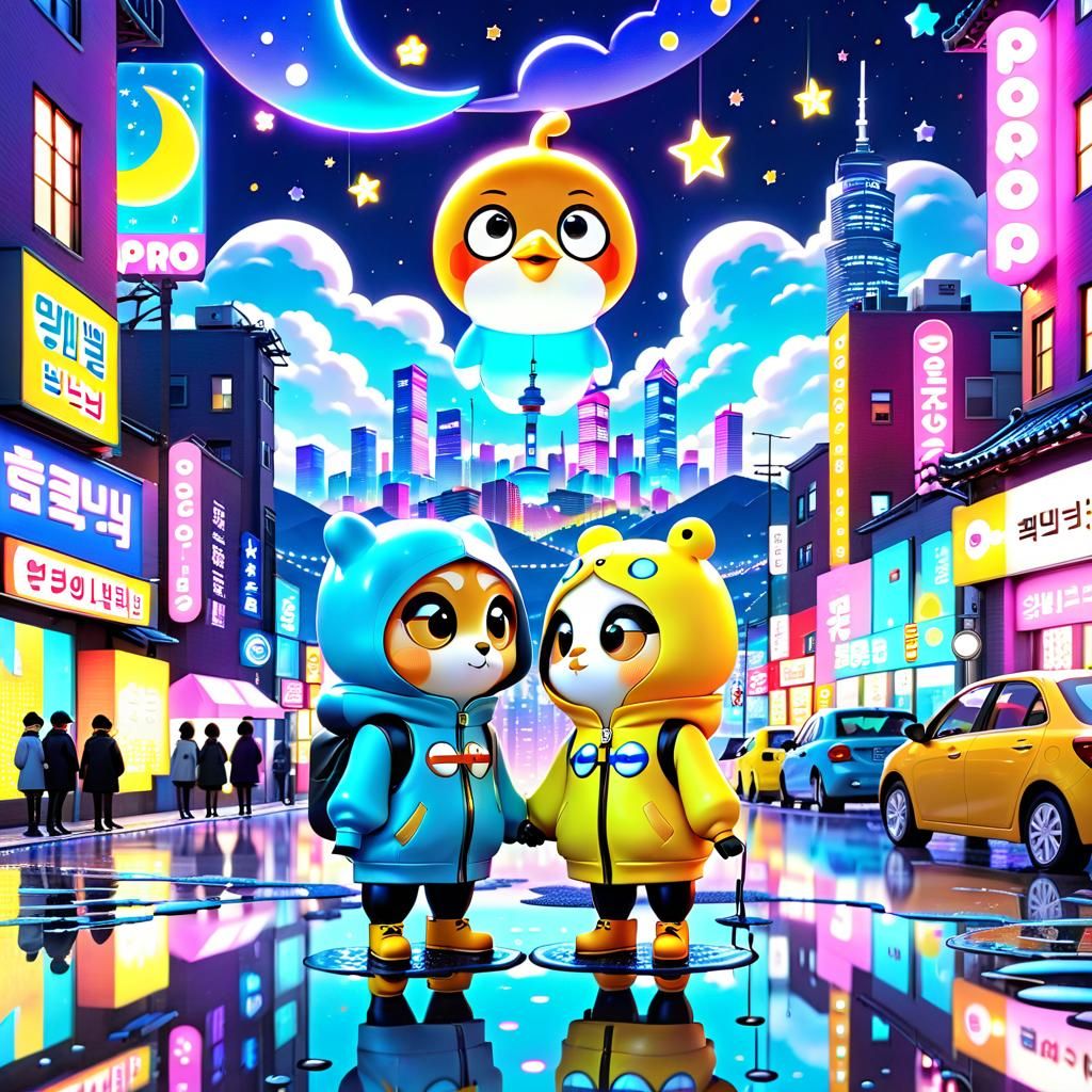 Dreamy Seoul Cityscape with Annyeong and Pororo in Pop Art