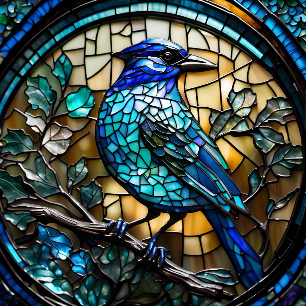 Stained Glass Blue Jay Mosaic Sculpture