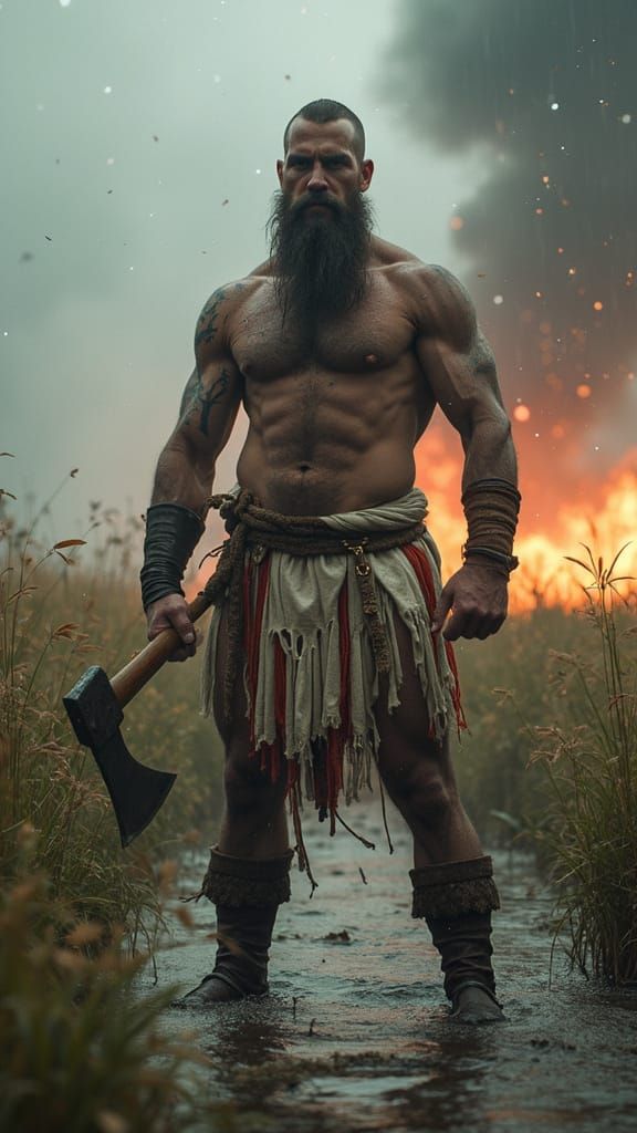 Warrior Amidst Tempestuous Storm in Hyper-Realistic Viking S...