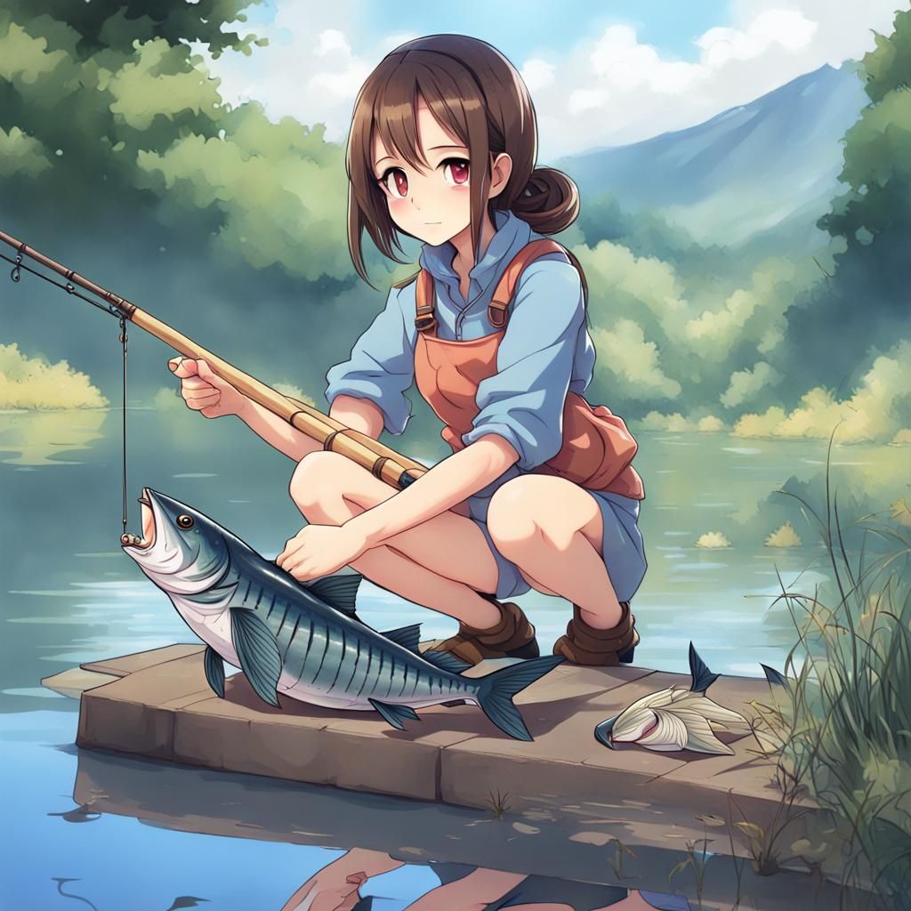 Anime Girl Fishing With Tuna Catch