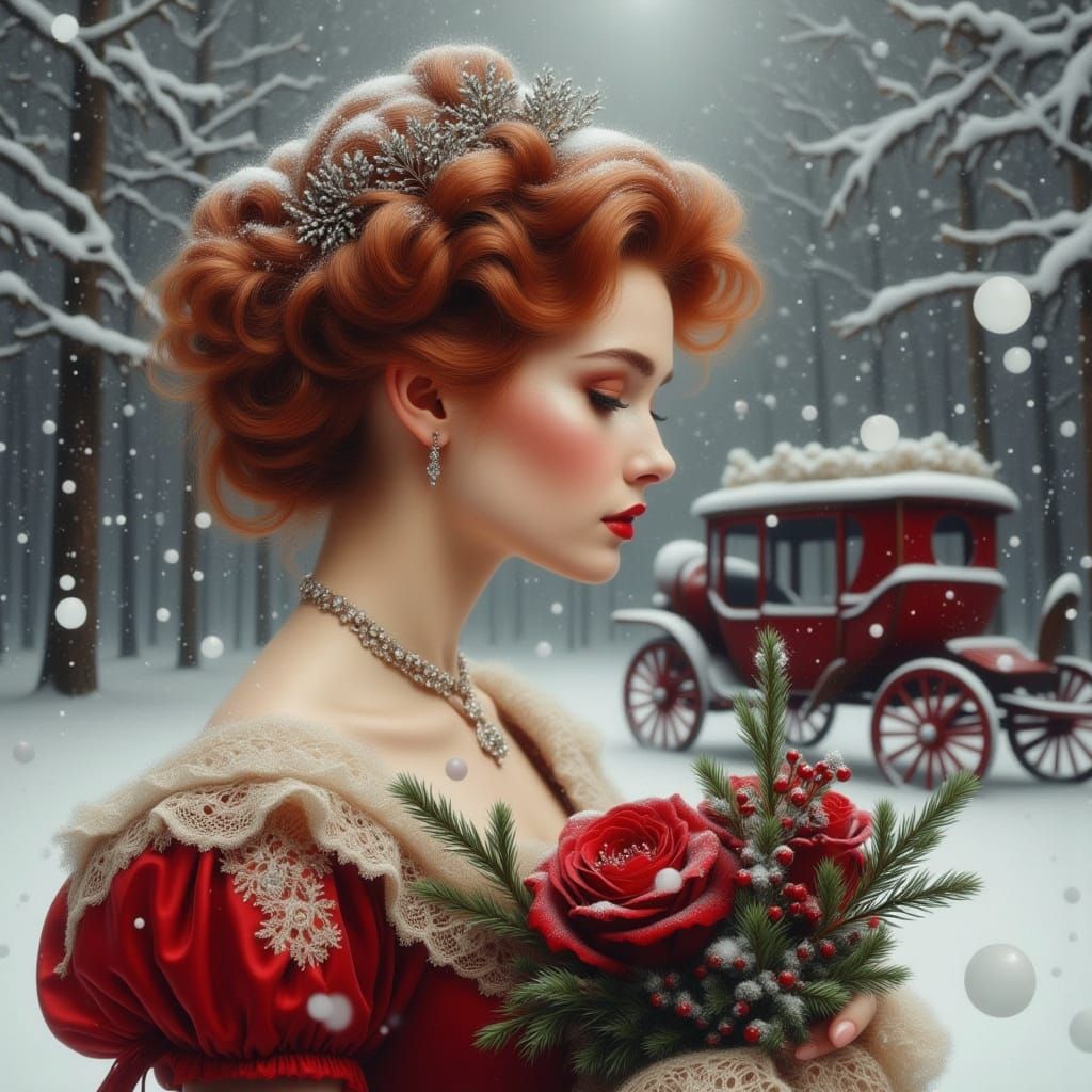 Elegant Victorian Woman in Winter Setting Oil Painting