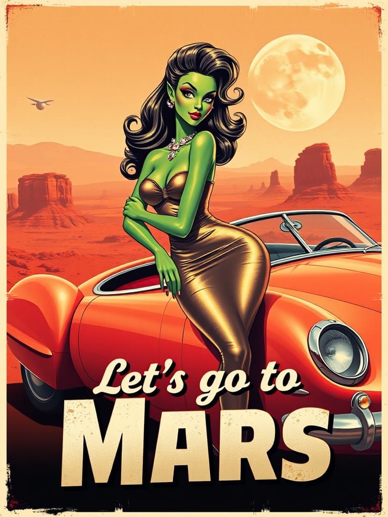 Vintage Martian Travel Poster with Alien Pinup