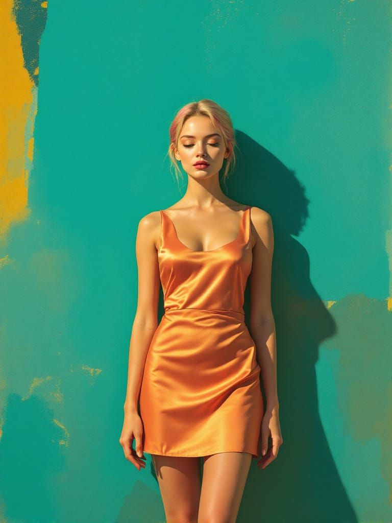 Blond Pin-Up Woman in Cyan Dress, Radiant Warmth