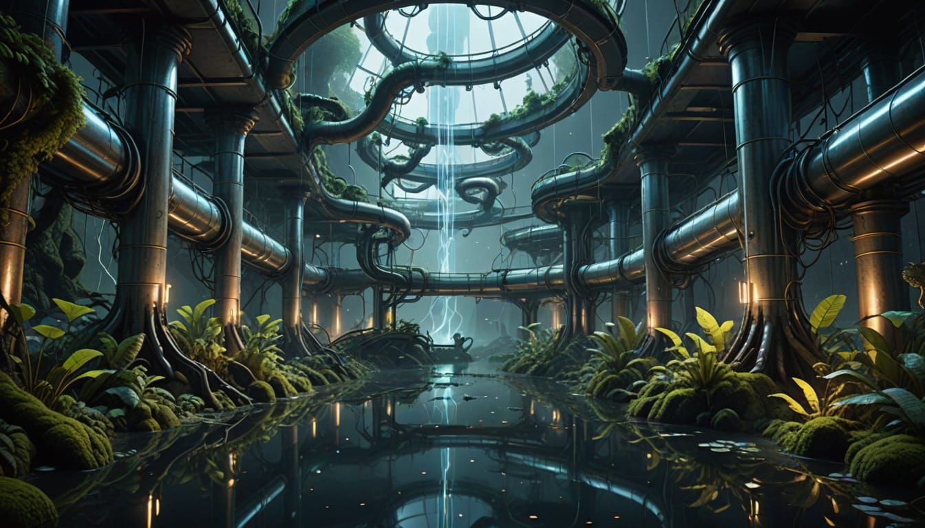 Futuristic City Indoor Park with Waterfalls and Bioluminesce...
