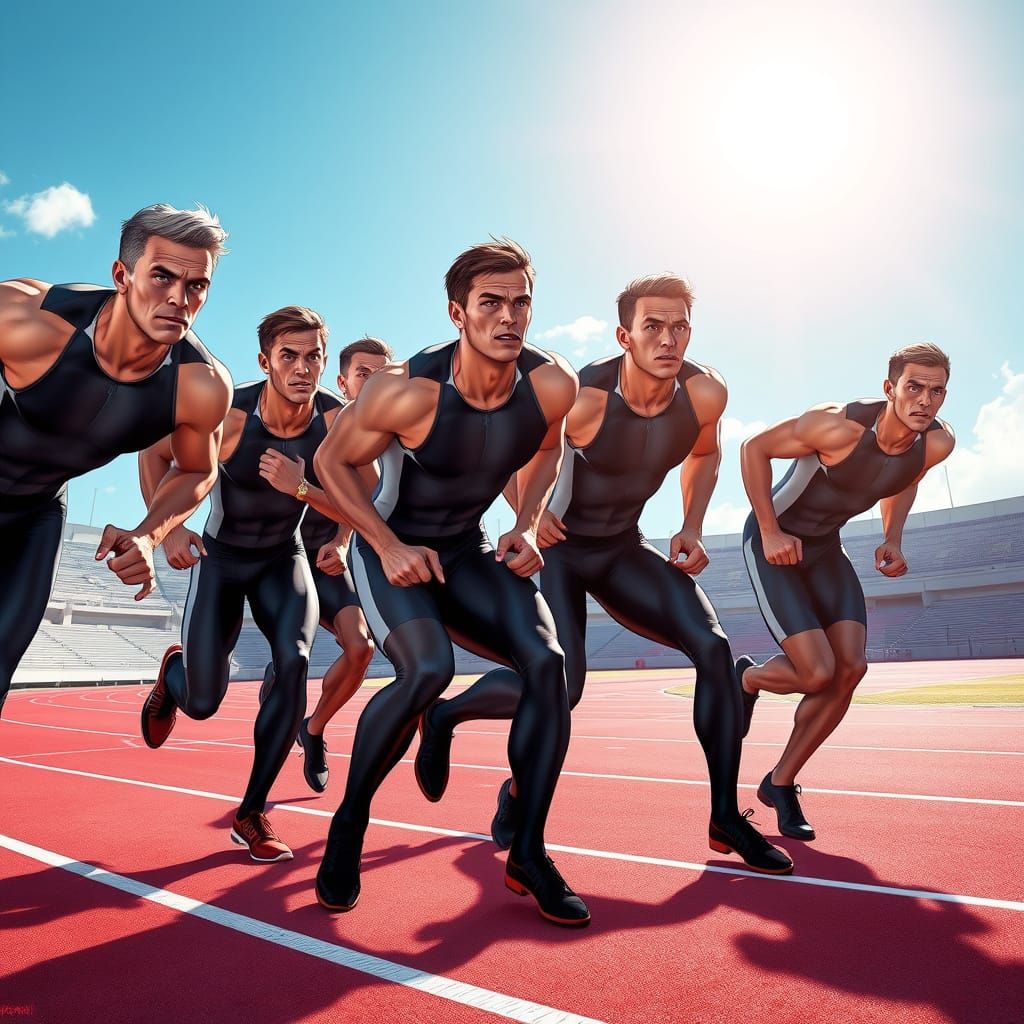 Men in Lycra Sprinting at 100m Hurdle Track