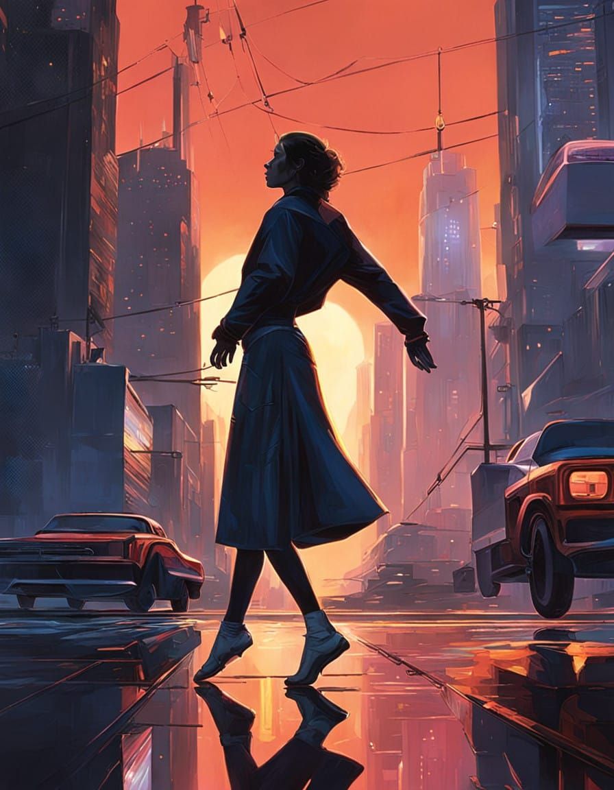 Elegant Dancer in Neon Cityscape
