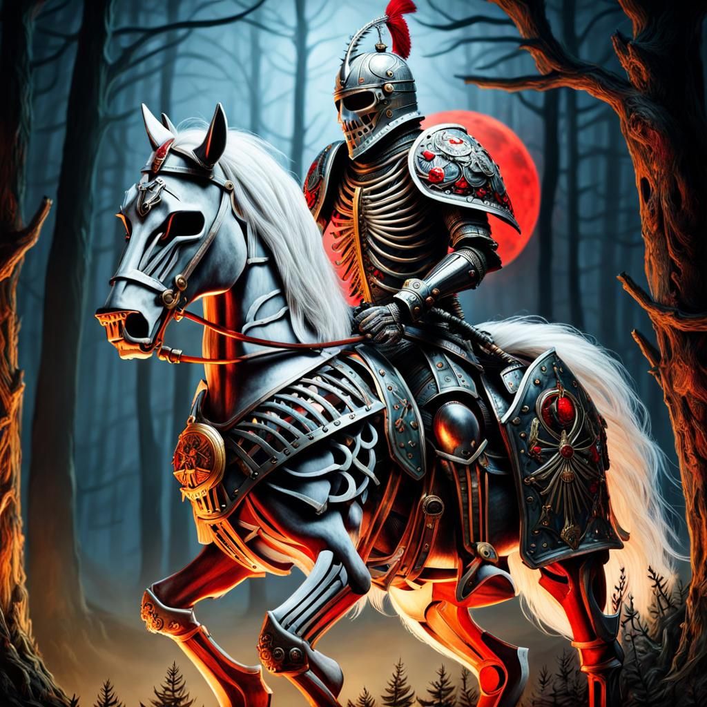 Steampunk Skeleton Knight on Bone Horse in Dark Forest
