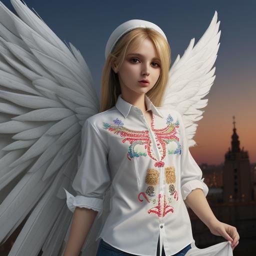Humorous Ukraine Angel in Embroidered Shirt