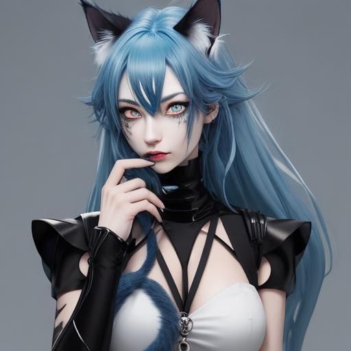 Cat Girl with Blue Hair and White Eyes