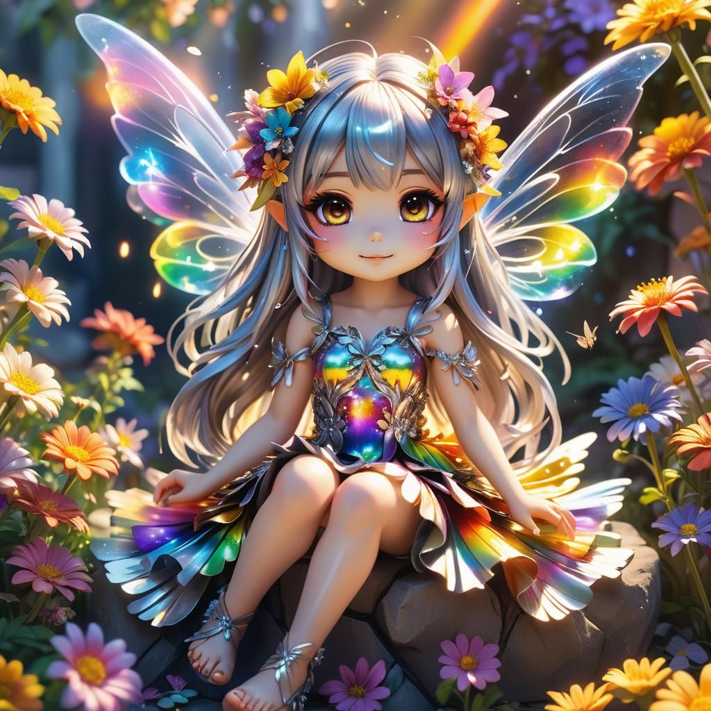Chibi Fairy in Rainbow Garden, Hyper-Realistic Anime Art