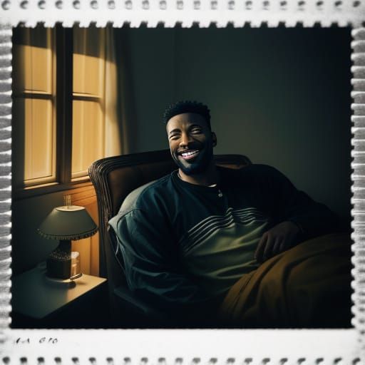 Smiling Man Relaxing in Bed: Cinematic Film Still