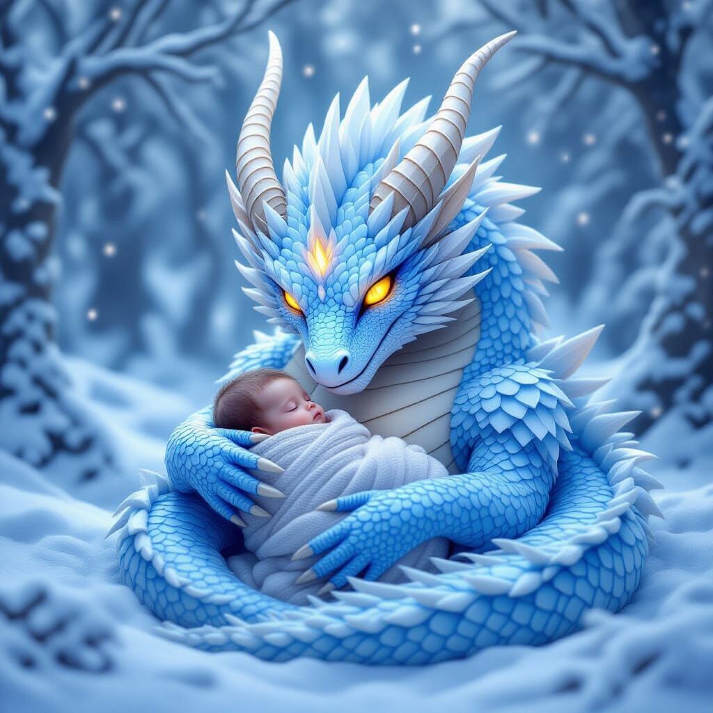 Ice Dragon Protects Baby in Enchanted Winter Forest