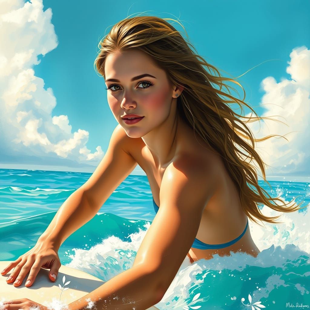 Impressionist Surfing Goddess Rides California Sunset Waves