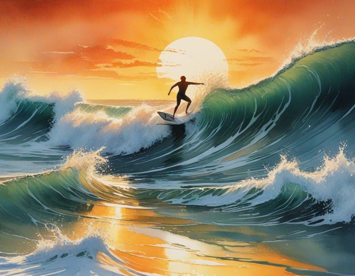 Surfer Carving Wave in Expressive Watercolor Style