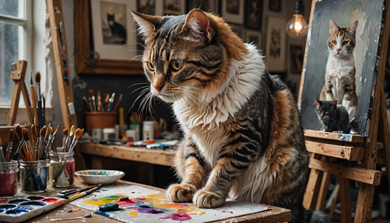 Cat Artist Painting in Cosy Studio, Hyperrealistic Style