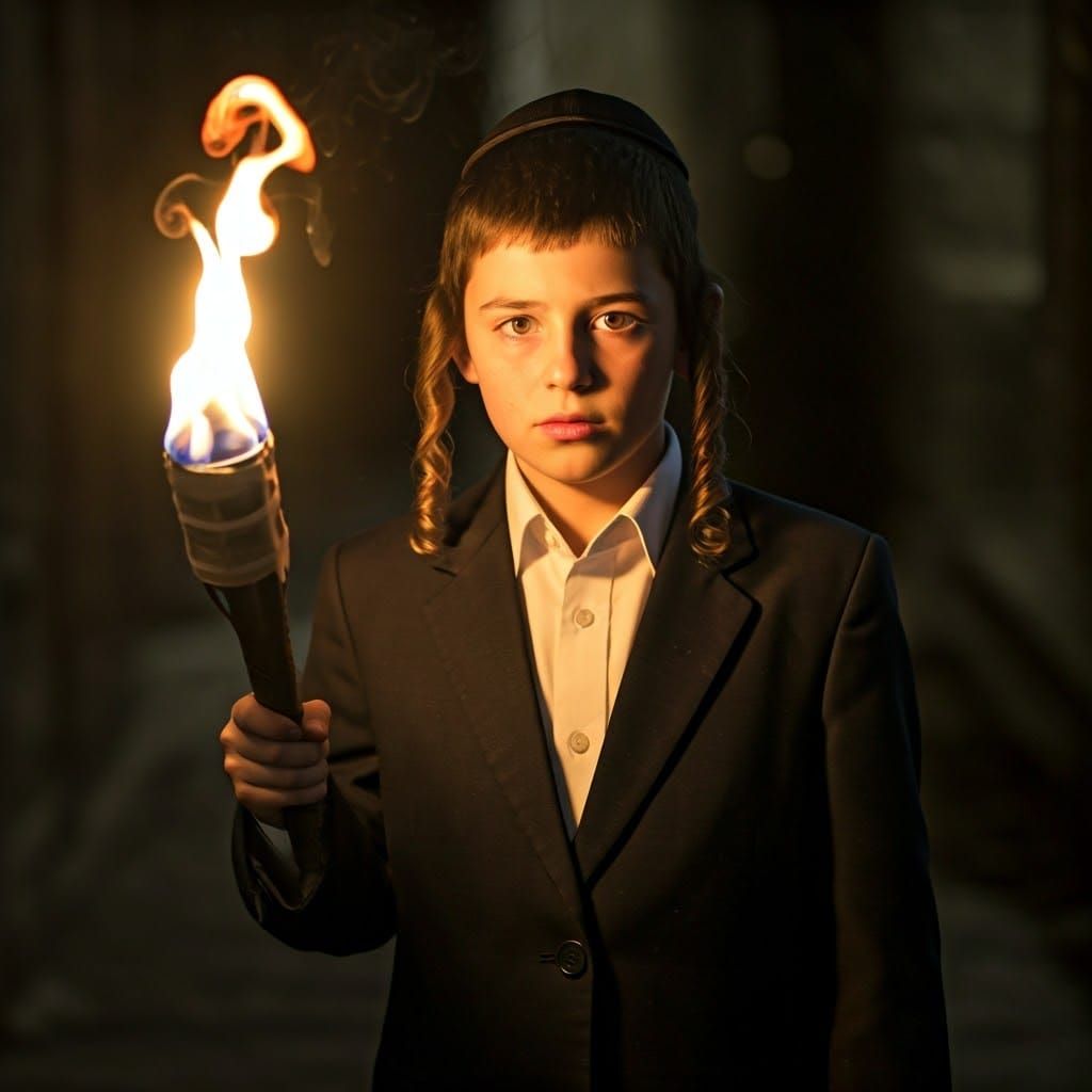 Boy with Torch: Cinematic Portrait in Darkness
