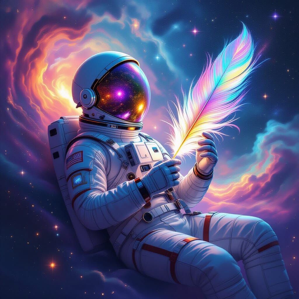 Astronaut Holds Luminous Phoenix Feather in Cosmic Nebula
